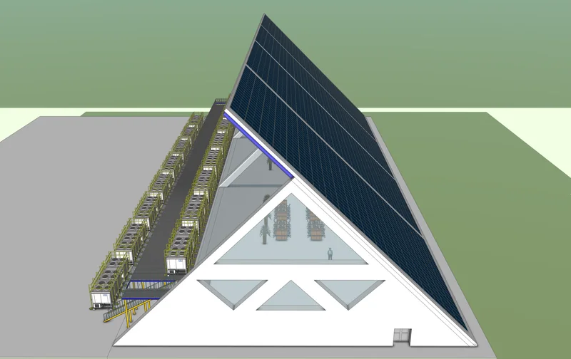 CyberDatacenter concept model with a steep solar roof, concrete A-frame structure, and rows of cooling equipment alongside.