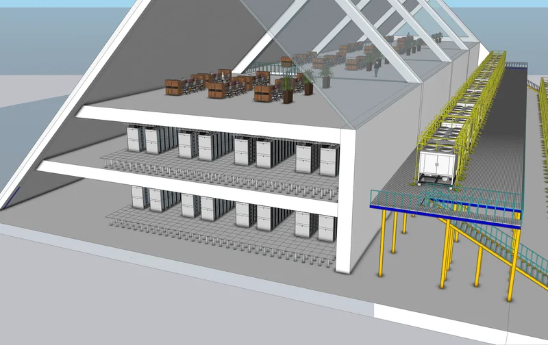 Concept cutaway showing two computing floors below an office level, with cooling equipment and access platforms outside.